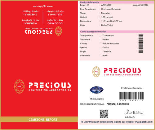 1.80ct ''PGTL'' Cert - SUPERB!! 100% AAA Natural TANZANITE Bluish Violet ''FREE CERTIFICATE''