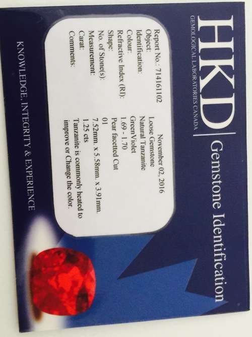 1.25 Ct AAA "HKD" CERTIFIED BLUISH VIOLET "D" BLOCK TANZANITE FREE CERTIFICATE!!