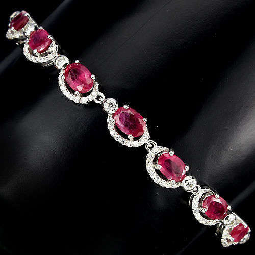 STUNNING!!! GENUINE NATURAL AAA TOP BLOOD RED RUBY & CZ STERLING 925 Silver Bracelet