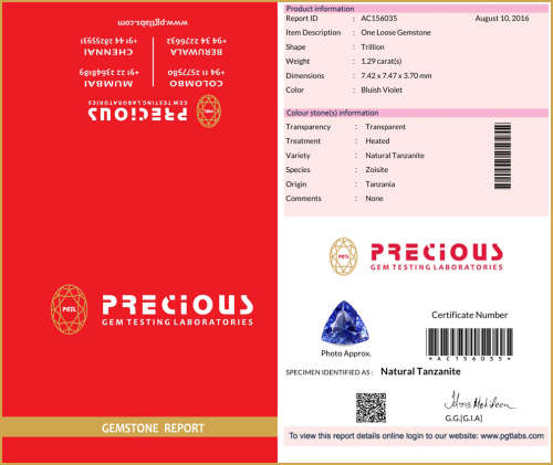 1.29ct ''PGTL'' Cert!!! OUTSTANDING!!! 100% AAA Natural TANZANITE Bluish Violet ''FREE CERTIFICATE''