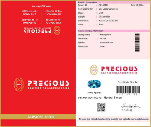 1.93ct ''PGTL" CERT - STUNNING!!! - "RARE COLOUR" 100% Natural TOP DEEP OCEAN BLUE ZIRCON - CAMBODIA