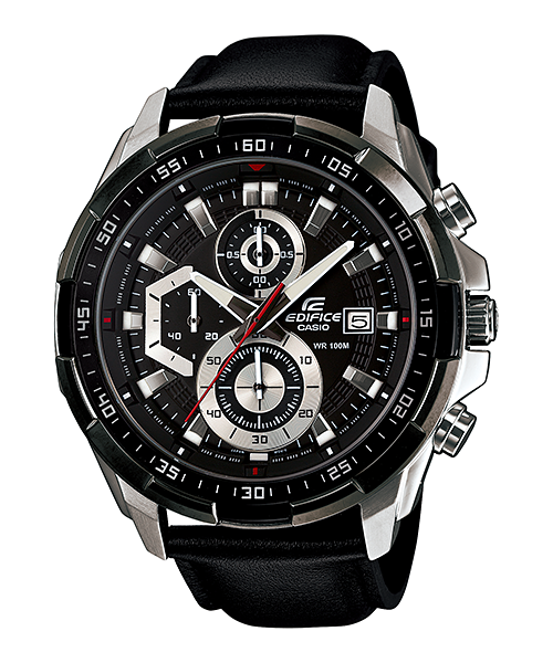CASIO Edifice Men's Stainless Steel Chronograph Black Leather Band Watch (WHITE WATCH FACE)