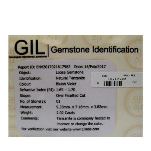 2.02 ct "GIL" CERTIFIED INCOMPARABLE TOP BLUISH VIOLET 100% NATURAL TANZANITE VVS