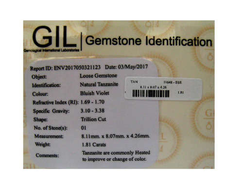1.81 ct FREE "GIL" CERTIFIED MARVELOUS TOP QUALITY 100% NATURAL TANZANITE