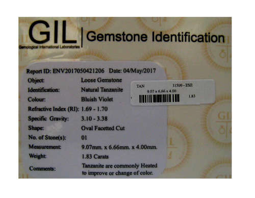 1.83 ct FULL "GIL" CERTIFIED LOOKING GOOD FIRE BLUISH VIOLET NATURAL TANZANITE