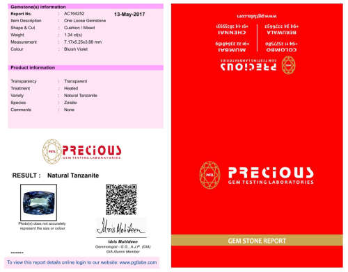 1.34 ct PGTL Certified Mesmerizing Cushion (7 x 5 mm) Bluish Violet Tanzanite