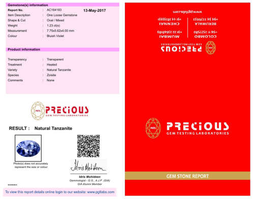 NATURAL 1.23 ct PGTL Certified Very good Oval Shape (8 x 6 mm) Bluish Violet Tanzanite