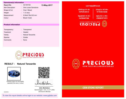 NATURAL 1.13 ct PGTL Certified Shimmering Oval Shape (9 x 5 mm) Bluish Violet Tanzanite