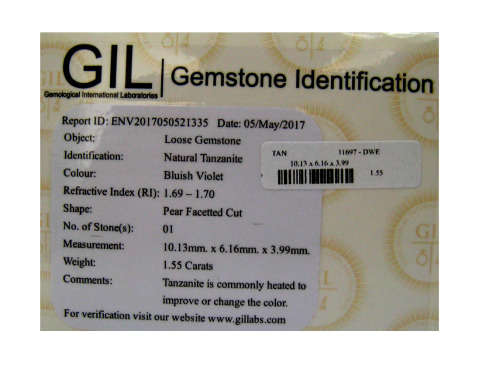 1.55 ct "GIL" CERTIFIED TOP QUALITY BLUISH VIOLET 100% NATURAL TANZANITE
