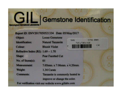 1.34 ct "GIL" CERTIFIED TOP QUALITY BLUISH VIOLET 100% NATURAL TANZANITE