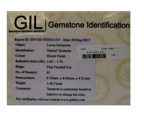 1.46 ct "GIL" CERTIFIED TOP QUALITY BLUISH VIOLET 100% NATURALTANZANITE