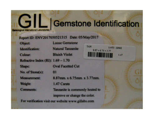 1.47 ct "GIL" CERTIFIED INCOMPARBLE TOP BLUISH VIOLET 100% NATURAL TANZANITE
