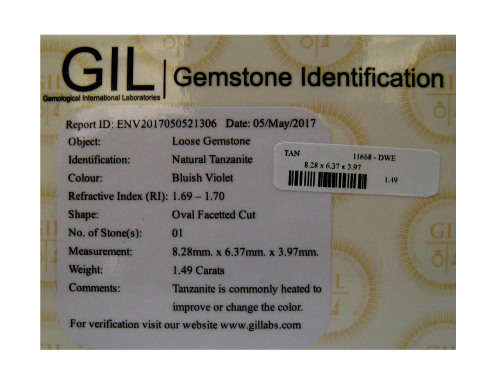 1.49 ct "GIL" CERTIFIED INCOMPARBLE TOP BLUISH VIOLET 100% NATURAL TANZANITE