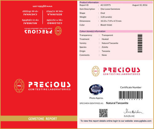 NATURAL 3.20 ct PGTL Certified Fantastic Oval Shape (10 x 8 mm) Bluish Violet Tanzanite