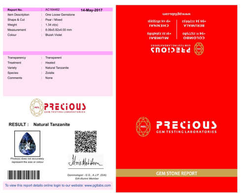 NATURAL 1.34 ct PGTL Certified Impressive Pear Shape (8 x 6 mm) Bluish Violet Tanzanite