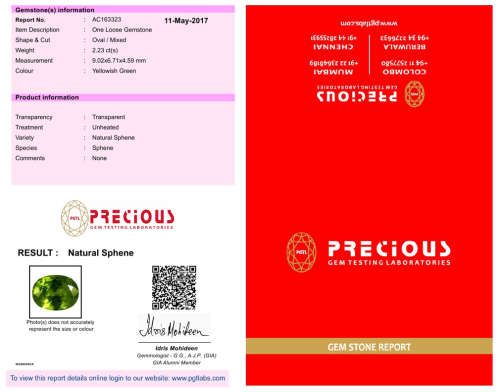 NATURAL 2.23 ct PGTL Certified Dazzling Oval Cut (9 x 7 mm) Un-Heated Sphene Gemstone