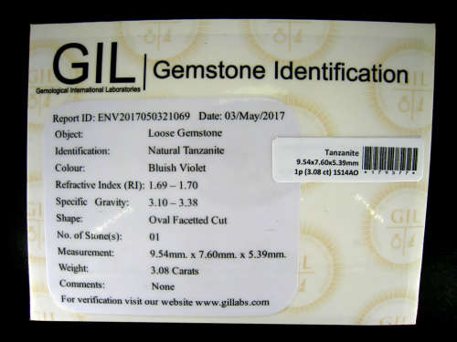 NATURAL 3.08 ct GIL Certified Oval Shape (10 x 8 mm) Bluish Violet Tanzanite Gemstone