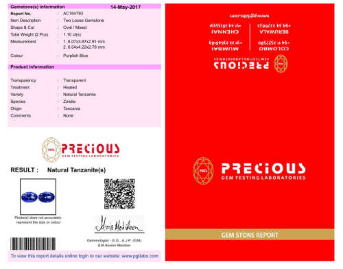 NATURAL 1.10 ct PGTL Certified Astonishing Oval (6 x 4 mm) Purplish Blue Tanzanite