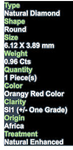 ***CERTIFIED***0.96CT NATURAL SPARKLING RARE FANCY REDDISH ORANGE COLOR ROUND CUT DIAMOND SI1+-