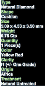 ***CERTIFIED***0.76CT NATURAL SPARKLING RARE FANCY YELLOW RED COLOR CUSHION CUT DIAMOND I1+-