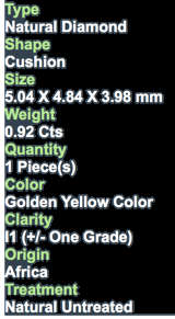 ***CERTIFIED**0.92CT NATURAL SPARKLING RARE FANCY FIERY CANARY YELLOW COLOR CUSHION CUT DIAMOND I1+-