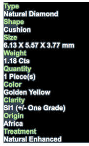 ***CERTIFIED***1.18CT NATURAL SPARKLING RARE FANCY GOLDEN YELLOW COLOR CUSHION CUT DIAMOND SI1+-