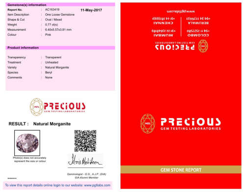NATURAL 0.77 ct PGTL Certified AAA Fair Oval Cut (6 x 6 mm) Un-Heated Pink Morganite