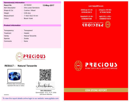 NATURAL 0.90 ct PGTL Certified Remarkable Cushion Shape (7 x 5 mm) Bluish Violet Tanzanite