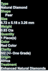 ***CERTIFIED***0.83CT NATURAL SPARKLING RARE FANCY FIERY RED COLOUR PEAR CUT DIAMOND SI2+-