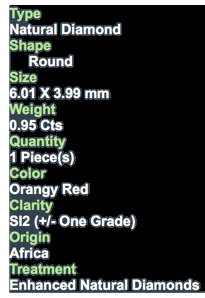 ***CERTIFIED***0.95CT NATURAL SPARKLING RARE FANCY FIERY ORANGY RED COLOR ROUND CUT DIAMOND SI2+-