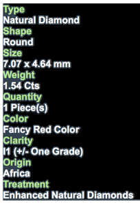 ***CERTIFIED***1.54CT NATURAL SPARKLING RARE FANCY FIERY HOT DEEP RED COLOR ROUND CUT DIAMOND I1+-