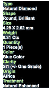 ***CERTIFIED***0.31CT NATURAL SPARKLING RARE FANCY BLUE COLOR ROUND CUT DIAMOND +-SI2