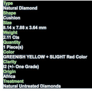 ***CERTIFIED***2.11CT NATURAL SPARKLING RARE FANCY GREENISH YELLOW & RED CUSHION CUT DIAMOND +-I2