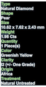 ***CERTIFIED***1.98CT NATURAL SPARKLING RARE FANCY GREENISH YELLOW PEAR CUT DIAMOND +-I2