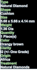 ***CERTIFIED***1.36CT NATURAL SPARKLING RARE FANCY VIVID ORANGY BROWN CUSHION CUT DIAMOND +-I2