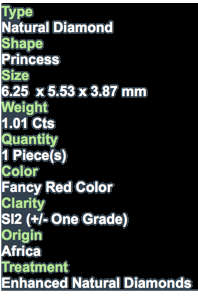 ***CERTIFIED***1.01CT NATURAL SPARKLING RARE FANCY VIVID RED COLOR PRINCESS CUT DIAMOND SI2+-