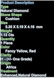 UNTREATED***CERTIFIED****1.12CT NATURAL SPARKLING FANCY YELLOW RED COLOR CUSHION CUT DIAMOND I1+-