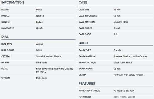 DEMO - NO BOX - DKNY CERAMIC AND CRYSTAL LADIES WATCH (NY8818)