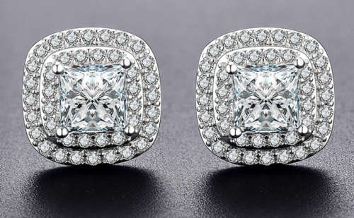 ***New Latest Design! Simulated Diamond Plated Princess Stud Earrings