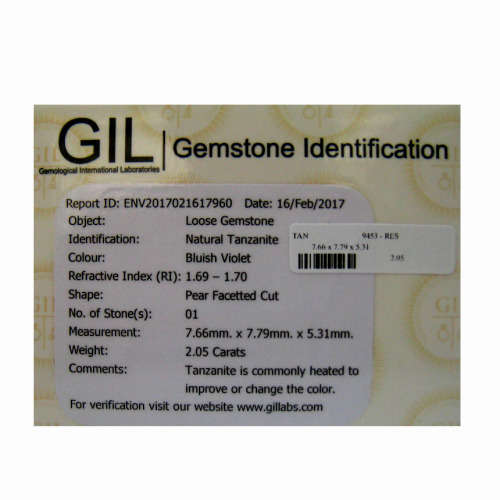 100% NATURAL 2.05 ct "GIL"- CERTIFIED REMARKABLE FIRE BLUISH VIOLET TANZANITE
