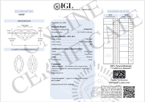 **IGL CERTIFIED R7010**0.45CT ENHANCED NATURAL RARE YELLOW MARQUISE CUT DIAMOND Si2+-