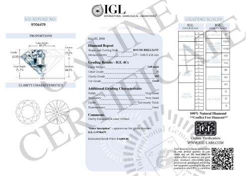 **IGL CERTIFIED R58563**1.00CT ENHANCED NATURAL WHITE 'G' ROUND CUT DIAMOND Si2+-