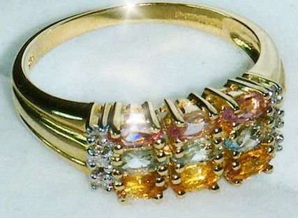 UK HALLMARKED 9CT YELLOW GOLD MULTI SAPPHIRE & DIAMOND LADIES RING SIZE N