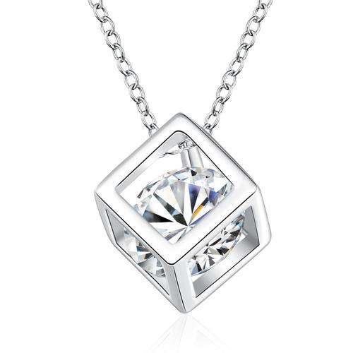 EXCEPTIONAL!!! WHITE GOLD PLATED SIMULATED DIAMOND CUBE NECKLACE PENDANT