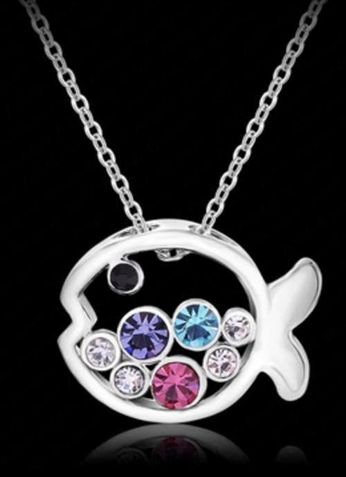 EXTRAORDINARY!! FISH SHAPE WHITE GOLD PLATED SIMULATED DIAMOND NECKLACE PENDANT