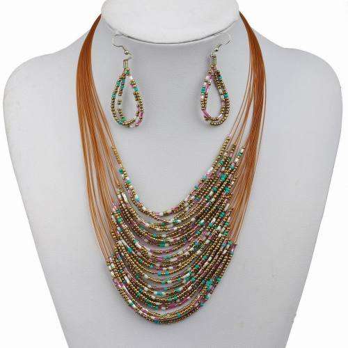 Brown Glass Beads Beaded Layers Bib Collar Statement Necklace Earrings Set