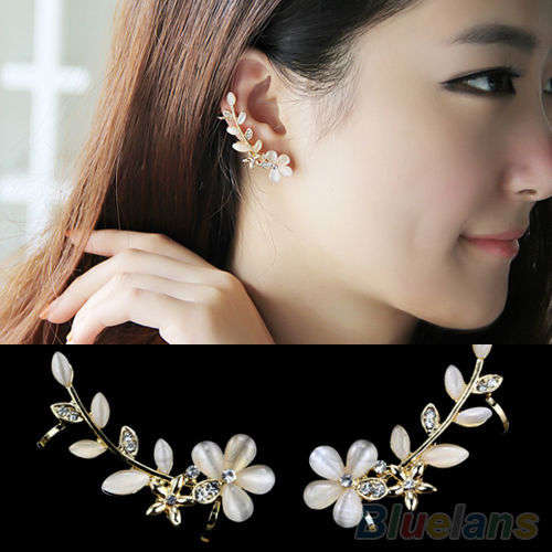 1 Pair Chic Lady'S Crystal Opal Flower Wrap Ear Clips
