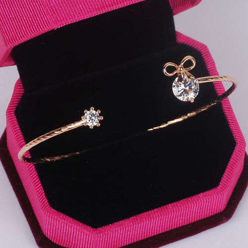 18K Yellow Gold Filled Bow Rhinestone Cuff Bangle Bracelet