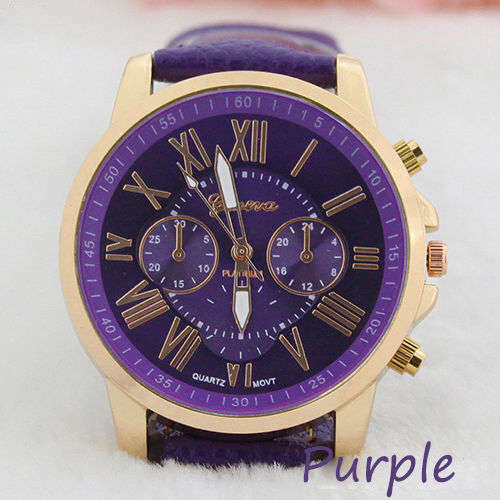 Geneva Roman Numerals Leather Analog Quartz Wrist Watch Purple