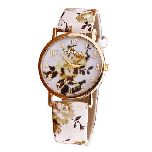 Geneva Flower Patterns Leather Band Analog Quartz Vogue Wrist Watches